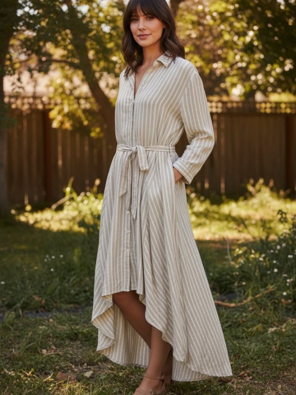 Vince Camuto Women's Shirt Dress White Beige Stripes Long Sleeve Size XL Belted